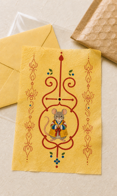 Digital mockup of Rat Guardian Bujeok artwork on a yellow hanji sheet with illustrative packaging; finished print and packaging may differ — Obang House