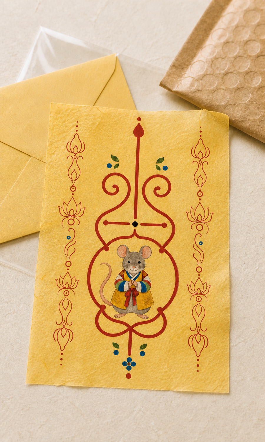 Digital mockup of Rat Guardian Bujeok artwork on a yellow hanji sheet with illustrative packaging; finished print and packaging may differ — Obang House