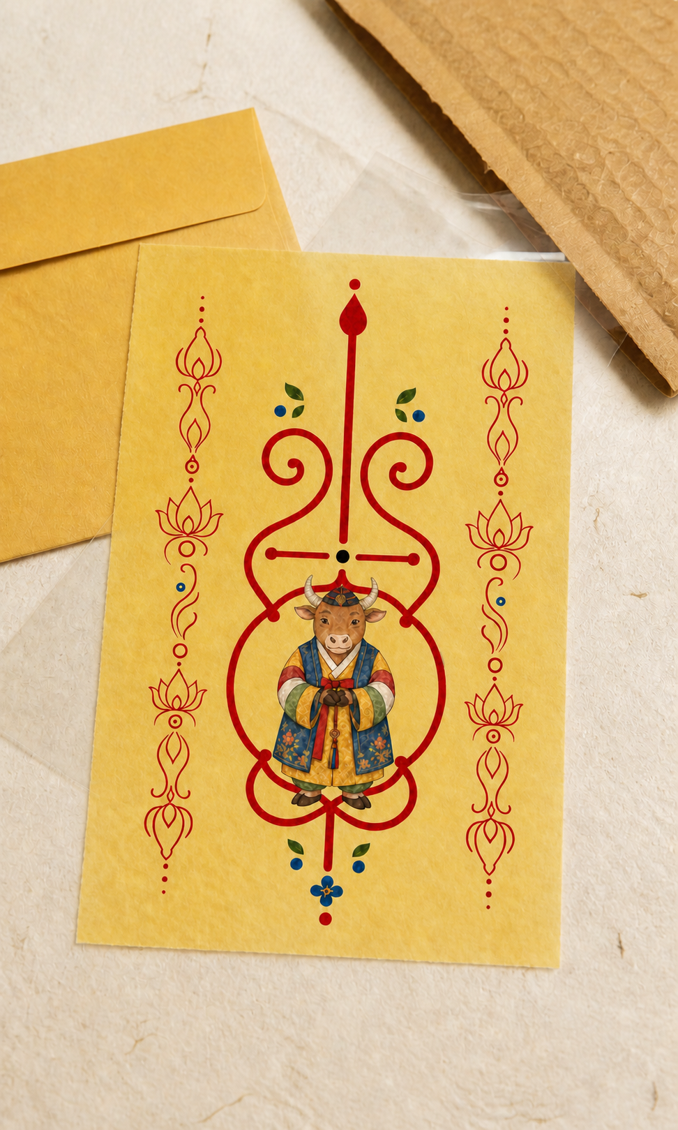 Digital mockup of Ox Guardian Bujeok artwork on a yellow hanji sheet with illustrative packaging; finished print and packaging may differ — Obang House