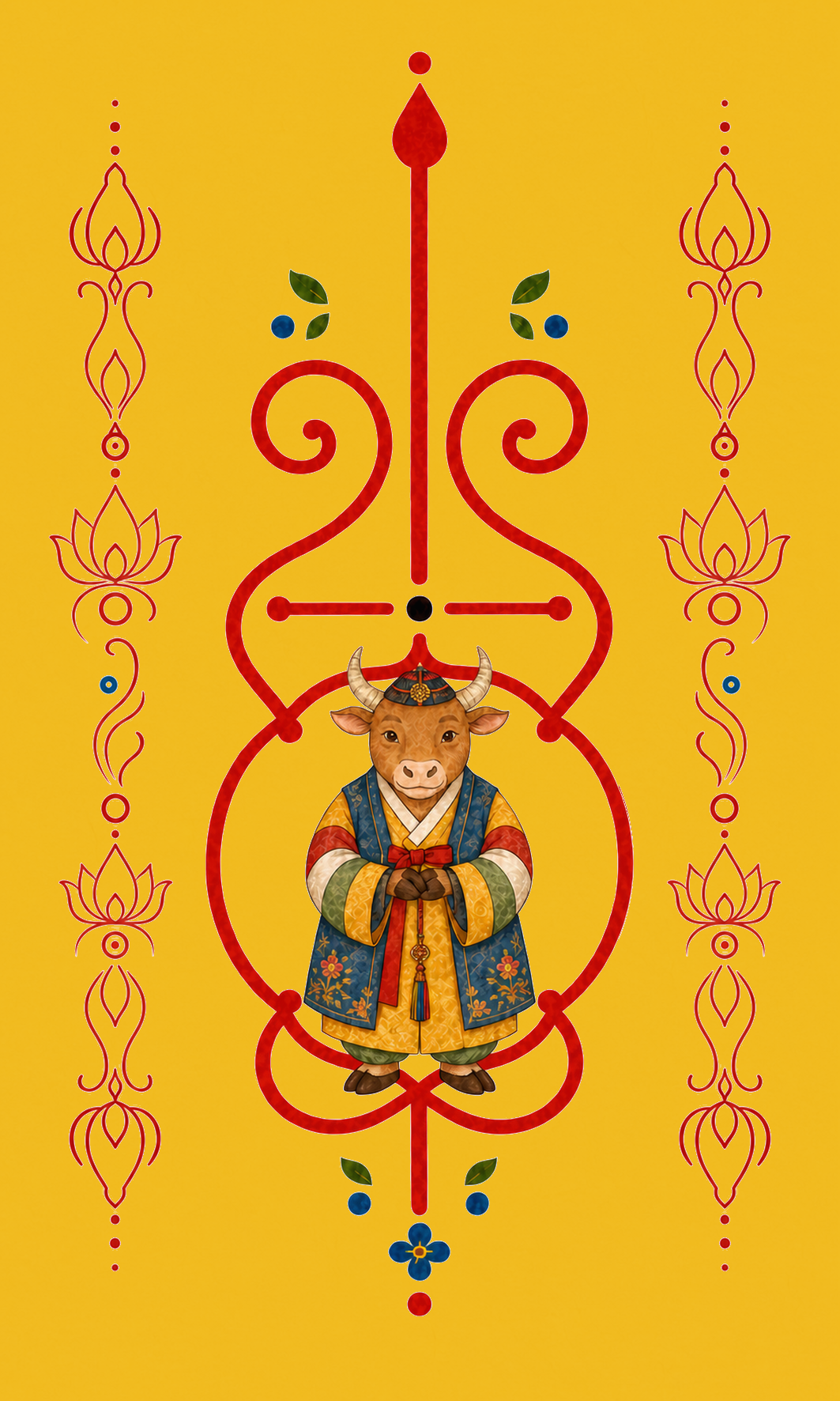 Ox Guardian Korean zodiac bujeok art printed on yellow hanji — Obang House