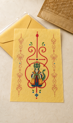 Digital mockup of Dragon Guardian Bujeok artwork on a yellow hanji sheet with illustrative packaging; finished print and packaging may differ — Obang House