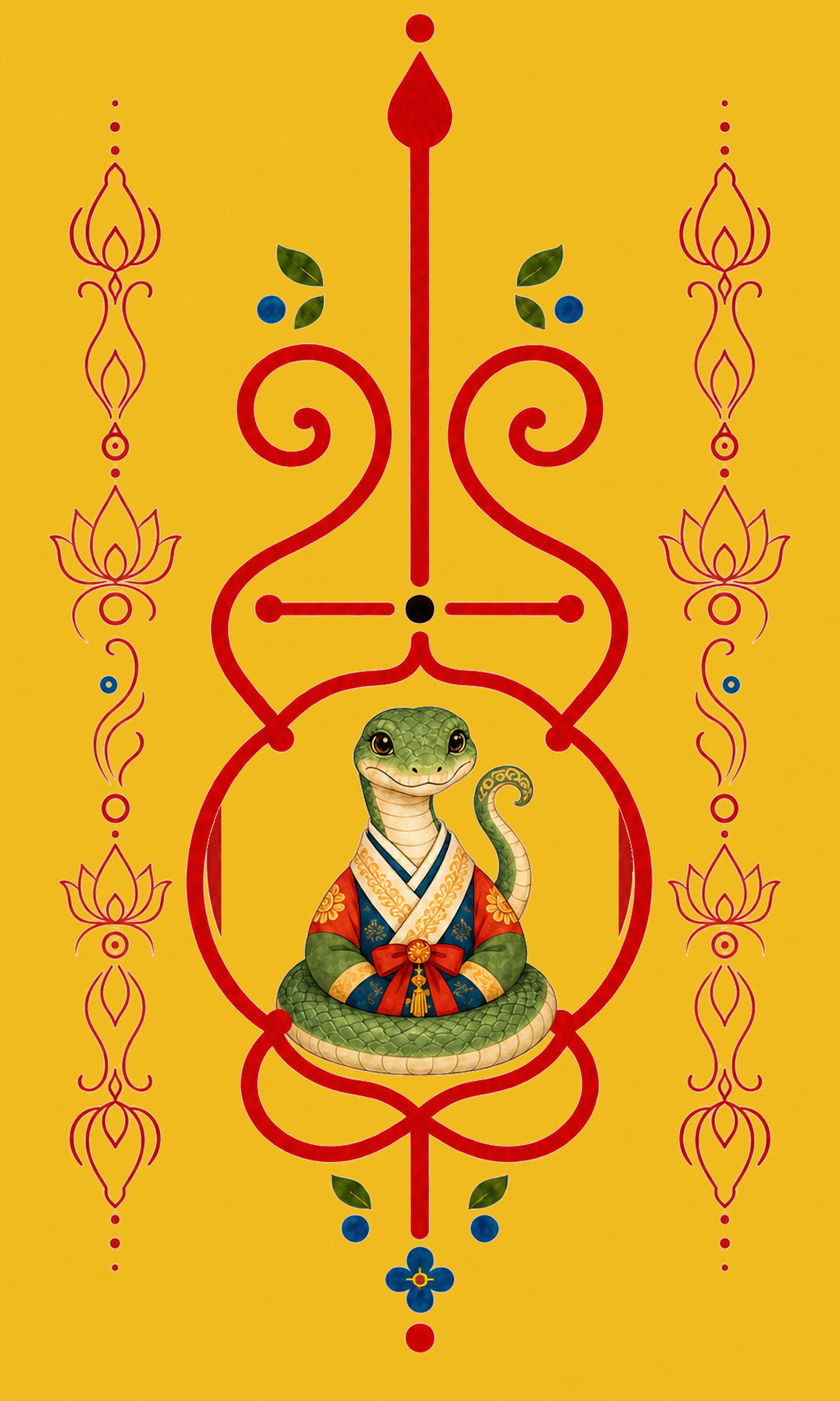 Snake Guardian Korean zodiac bujeok art printed on yellow hanji — Obang House