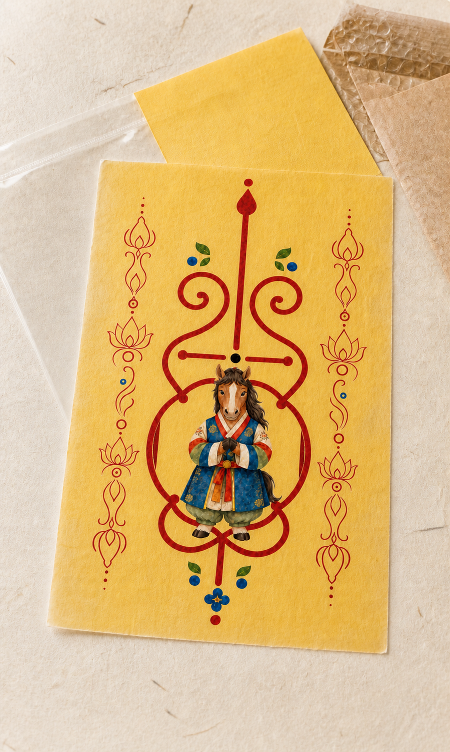 Digital mockup of Horse Guardian Bujeok artwork on a yellow hanji sheet with illustrative packaging; finished print and packaging may differ — Obang House