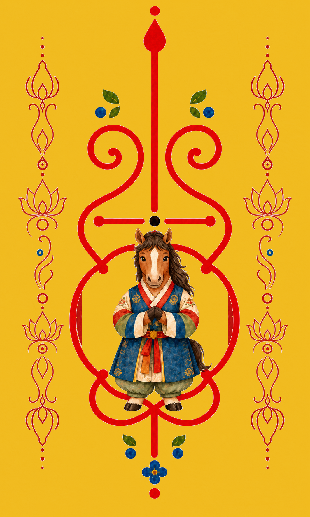 Horse Guardian Korean zodiac bujeok art printed on yellow hanji — Obang House