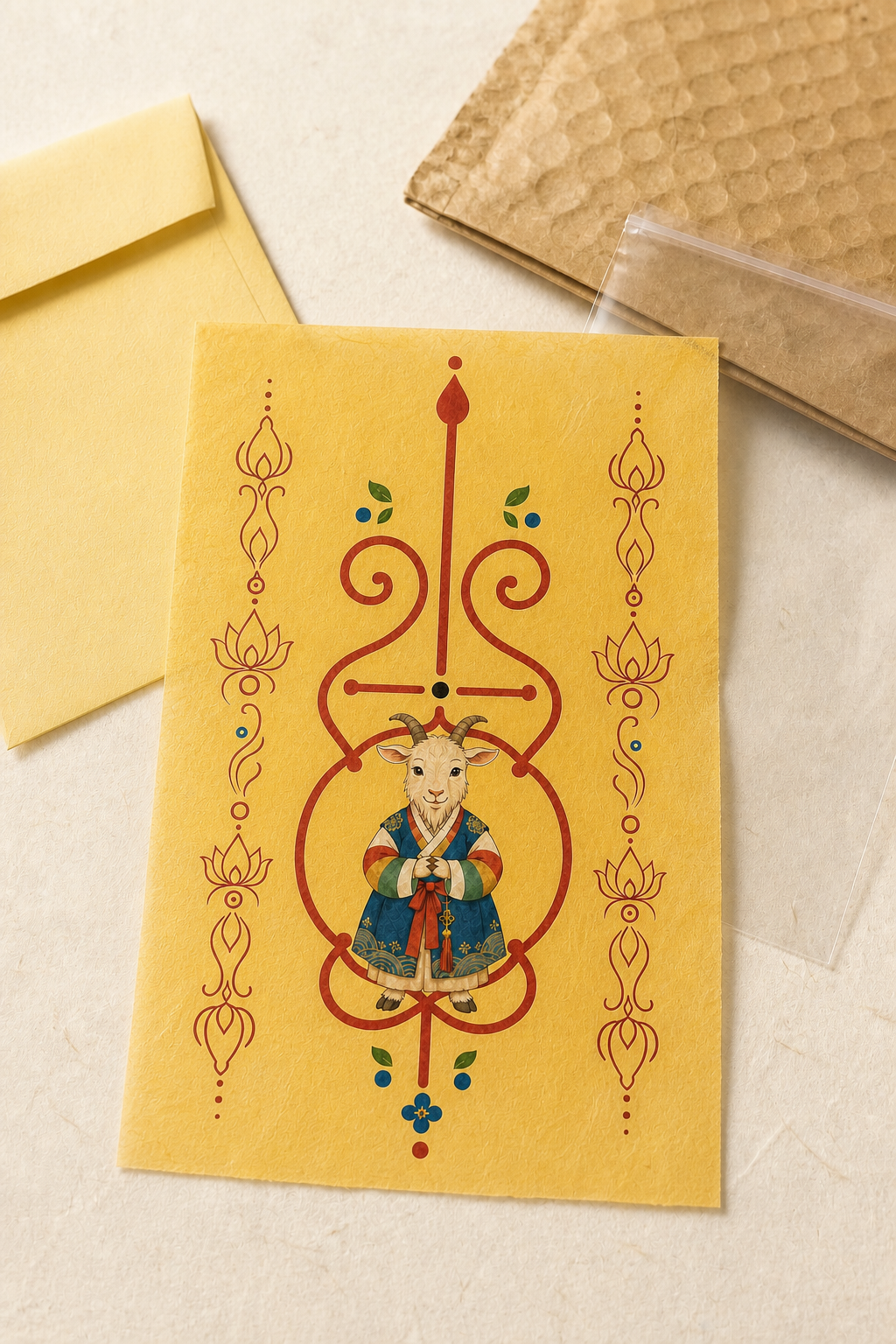 Digital mockup of Goat Guardian Bujeok artwork on a yellow hanji sheet with illustrative packaging; finished print and packaging may differ — Obang House