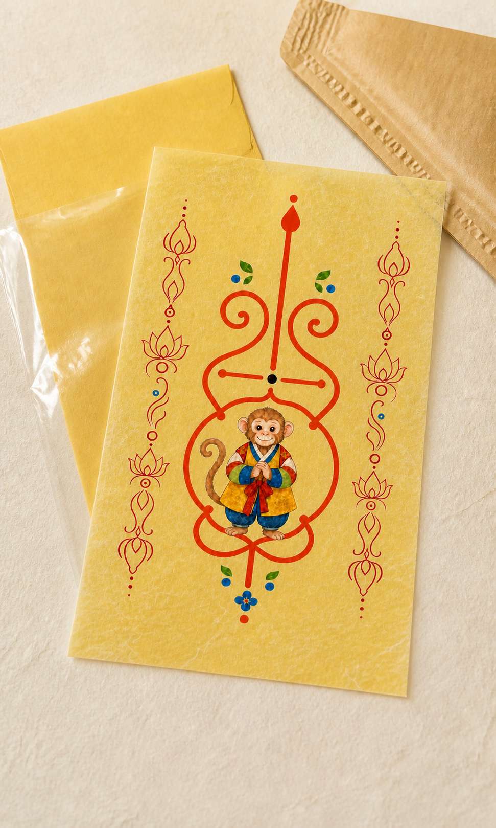 Digital mockup of Monkey Guardian Bujeok artwork on a yellow hanji sheet with illustrative packaging; finished print and packaging may differ — Obang House