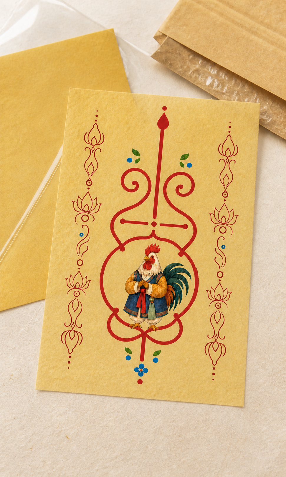 Digital mockup of Rooster Guardian Bujeok artwork on a yellow hanji sheet with illustrative packaging; finished print and packaging may differ — Obang House