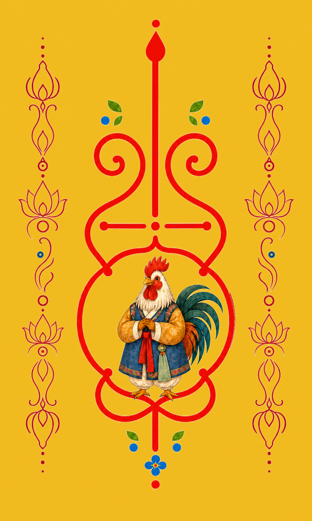 Rooster Guardian Korean zodiac bujeok art printed on yellow hanji — Obang House