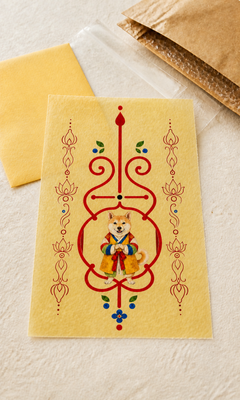 Digital mockup of Dog Guardian Bujeok artwork on a yellow hanji sheet with illustrative packaging; finished print and packaging may differ — Obang House