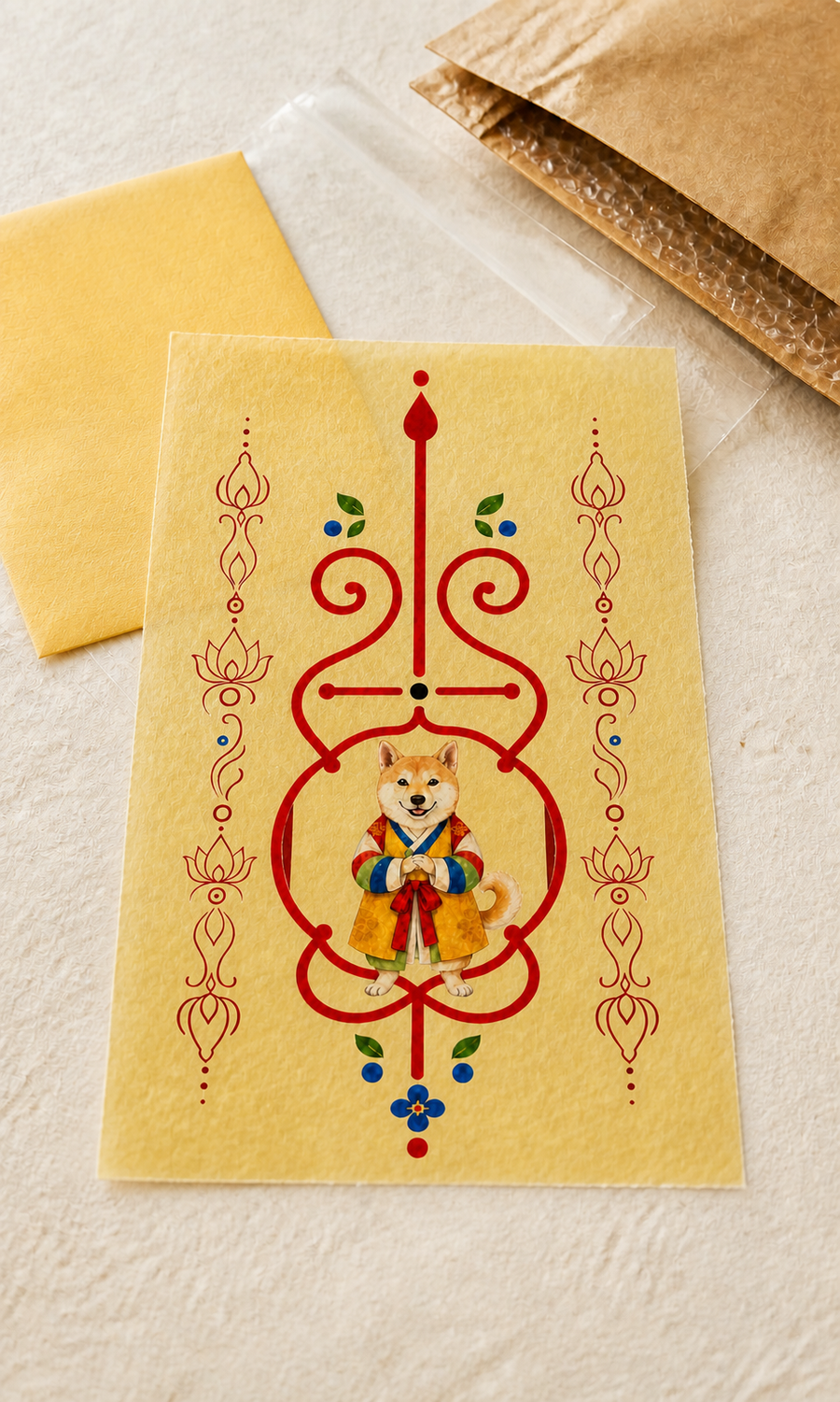 Digital mockup of Dog Guardian Bujeok artwork on a yellow hanji sheet with illustrative packaging; finished print and packaging may differ — Obang House
