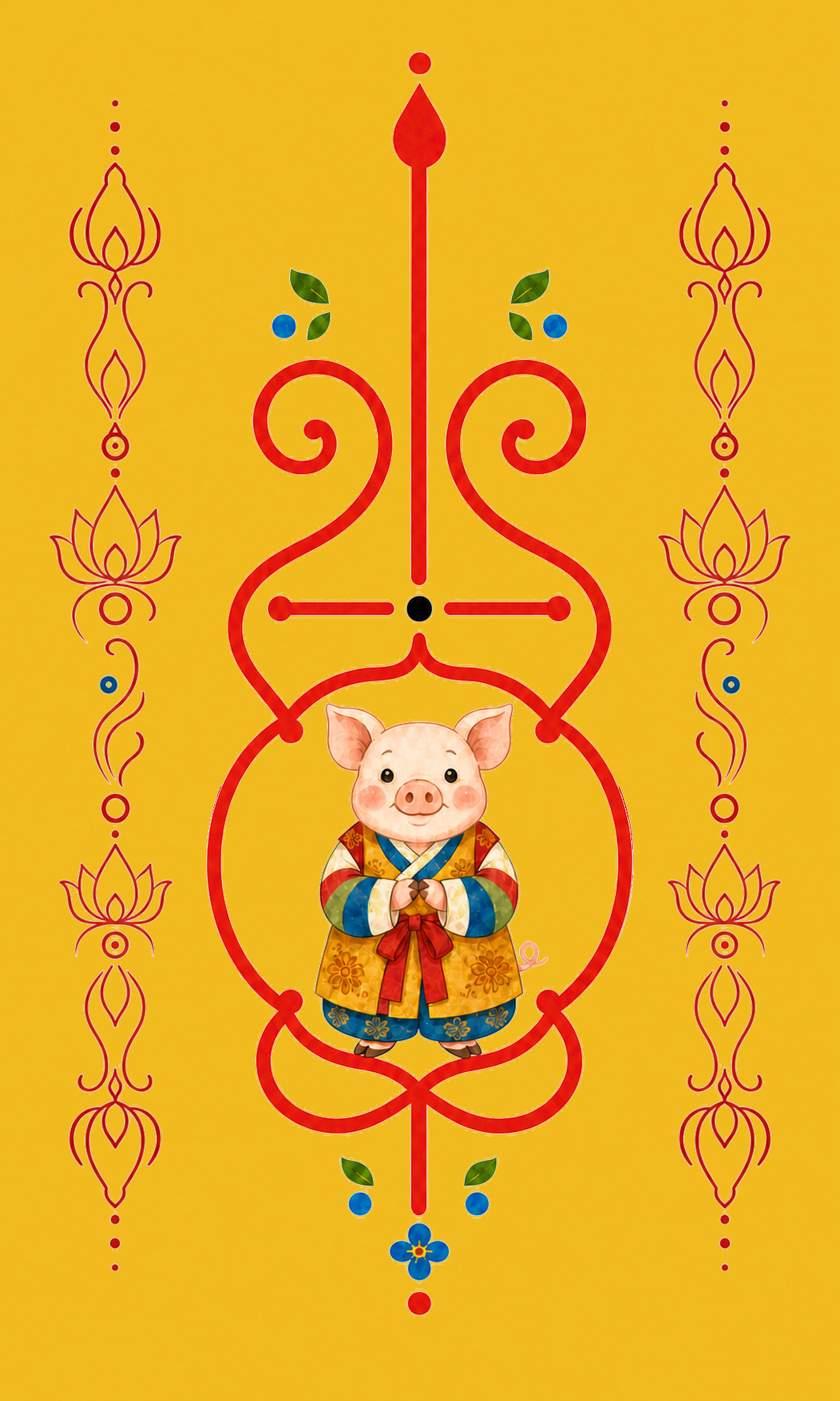 Pig Guardian Korean zodiac bujeok art printed on yellow hanji — Obang House