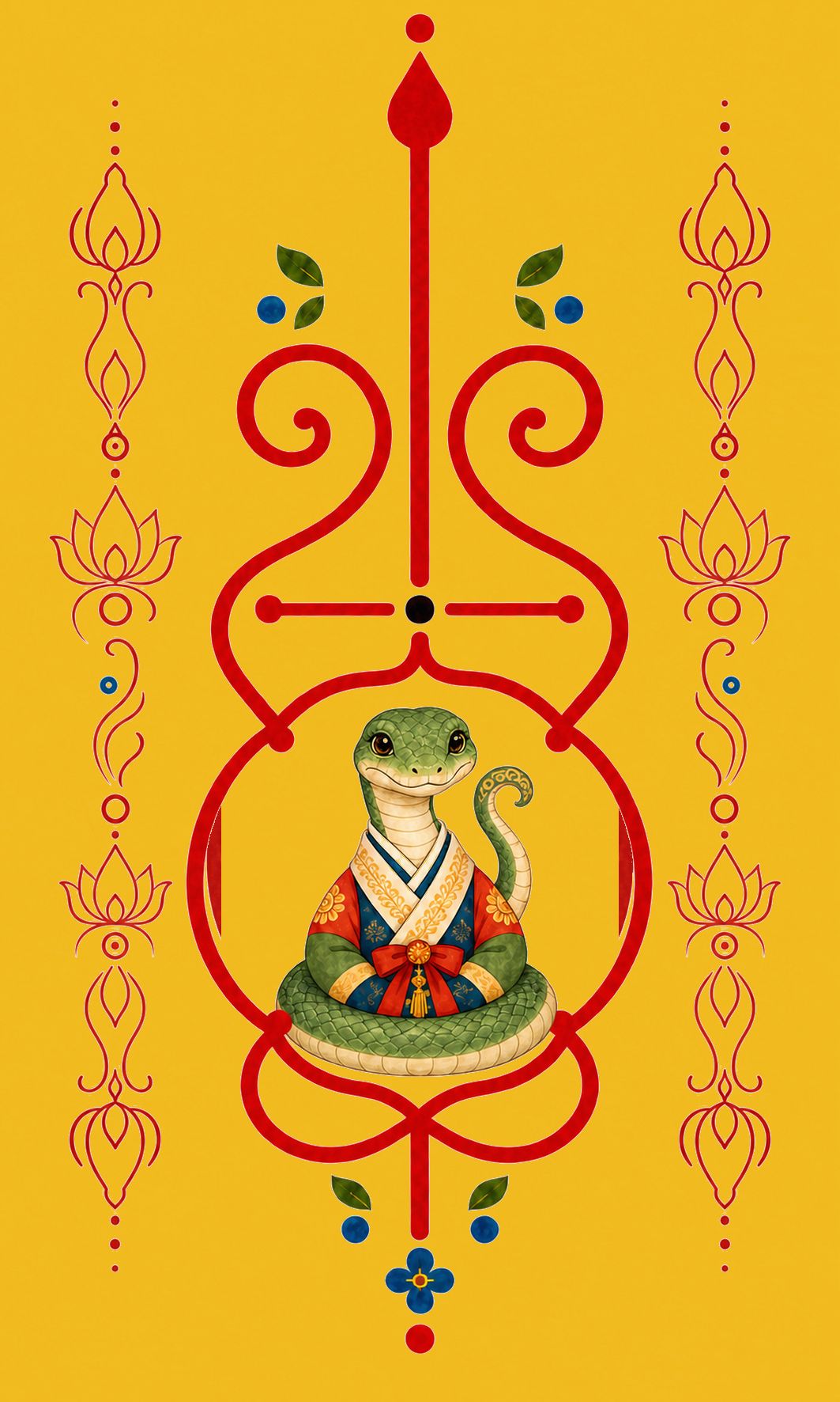 Snake Guardian contemporary Korean zodiac art print on yellow hanji