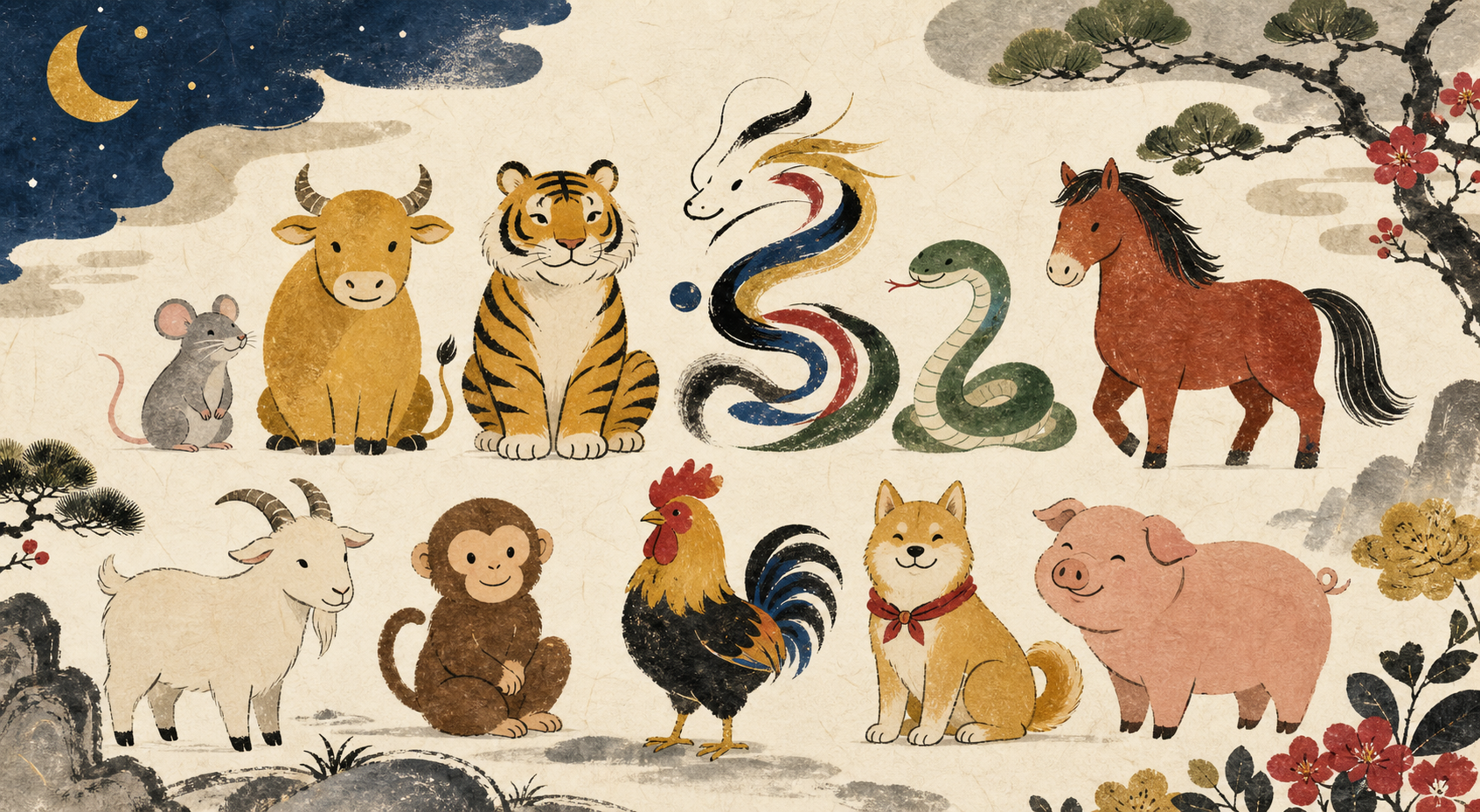 The twelve Korean zodiac guardians gathered in a folk-art inspired night garden